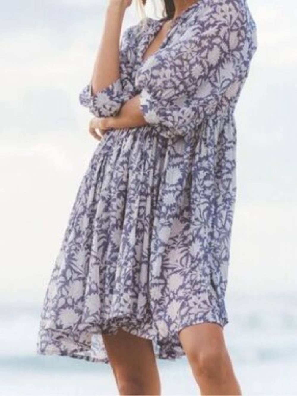 Blue Floral Long-Sleeve Tassel Tie Dress -Dolma L